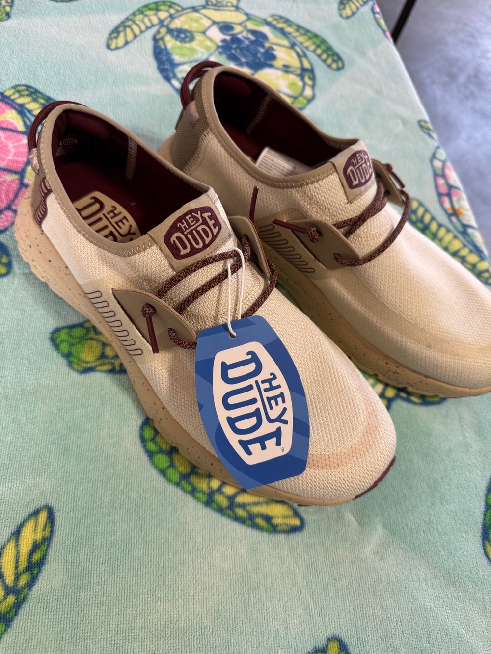 Hey Dude Tan Canvas Shoes with Burgandy Accents